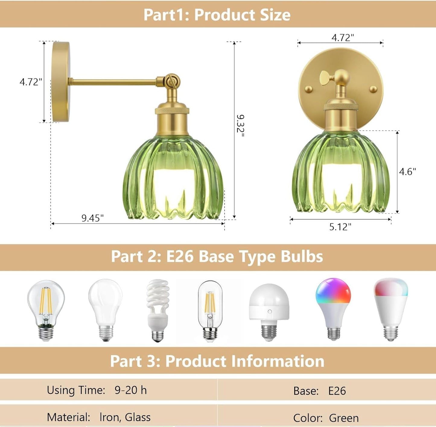 Vintage Battery Operated Wall Sconce, Green Tulip Glass Lampshade Wireless Rechargeable Battery Powered LED Wall Light
