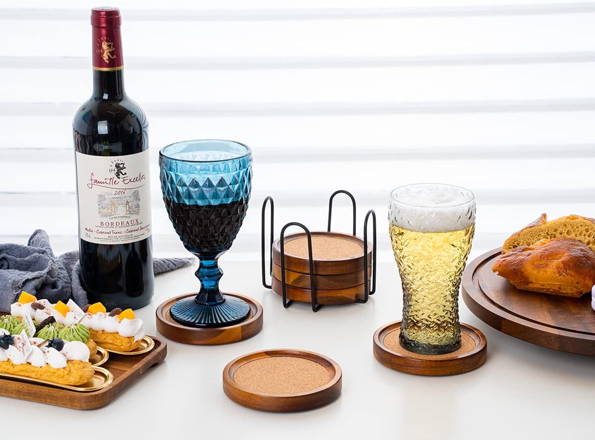 Holder / Acacia Wood Cork Coasters / Brown / Set of 6