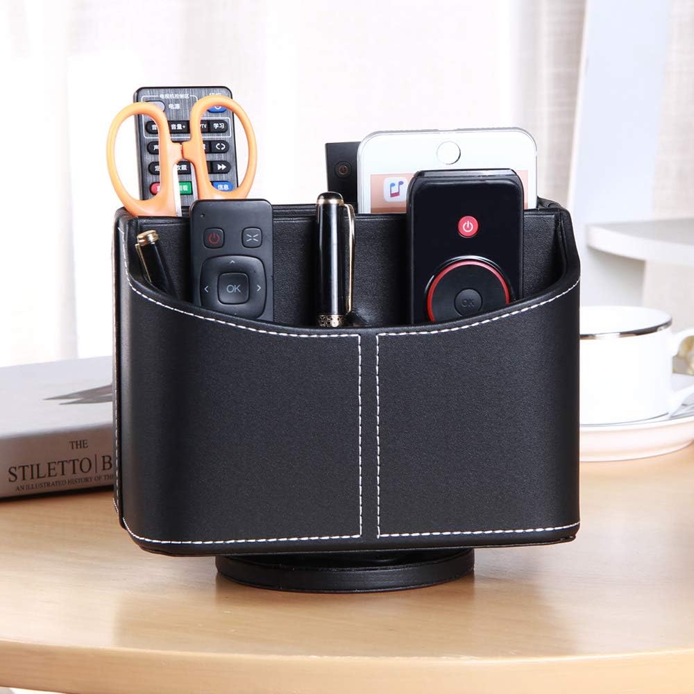 Remote Control Holder 360 Degrees Rotatable Desk Stationery Supply Organizer PU Leather / A Black