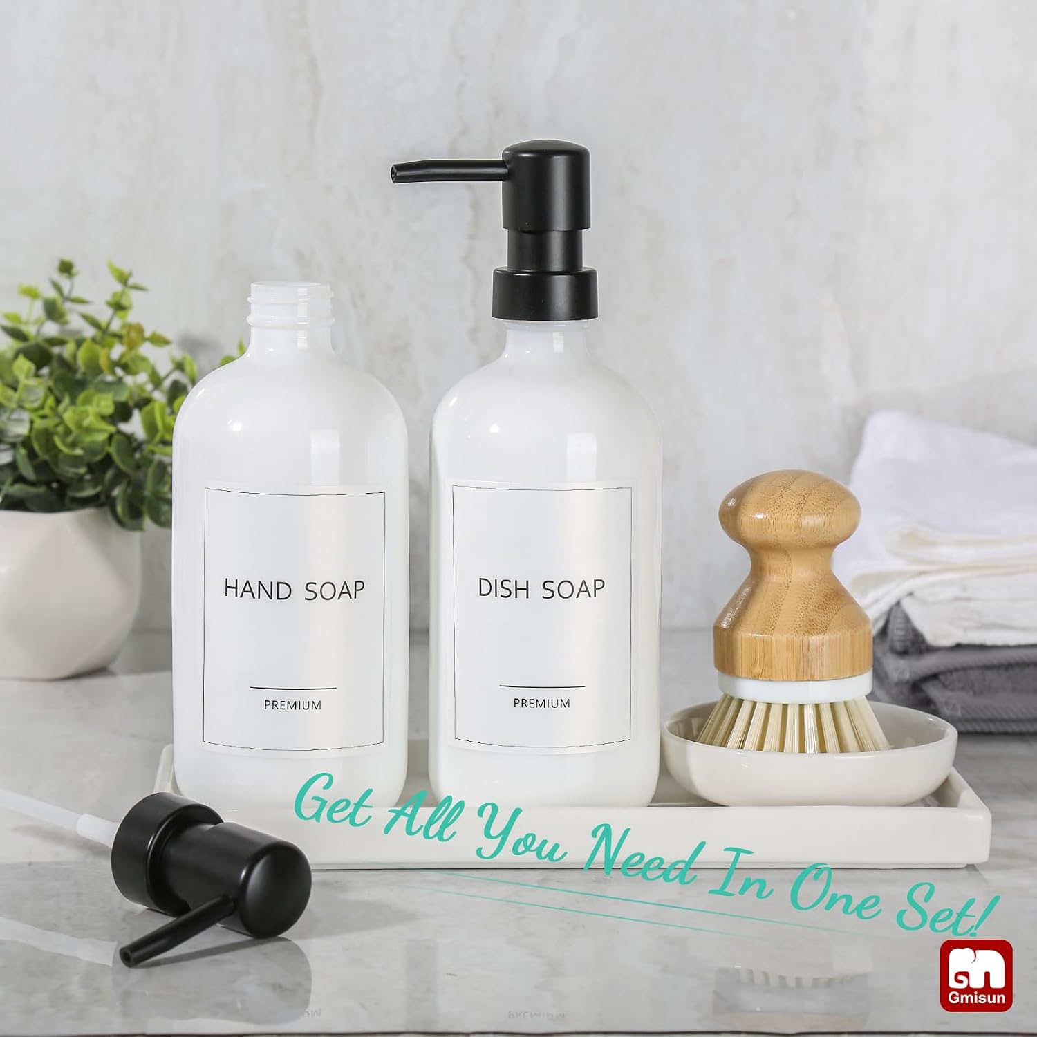 GMISUN Kitchen Soap Dispenser Set, 16 Oz Hand and Dish Soap Dispenser with Ceramic Tray & Bamboo Dish Brush, 2 Pack