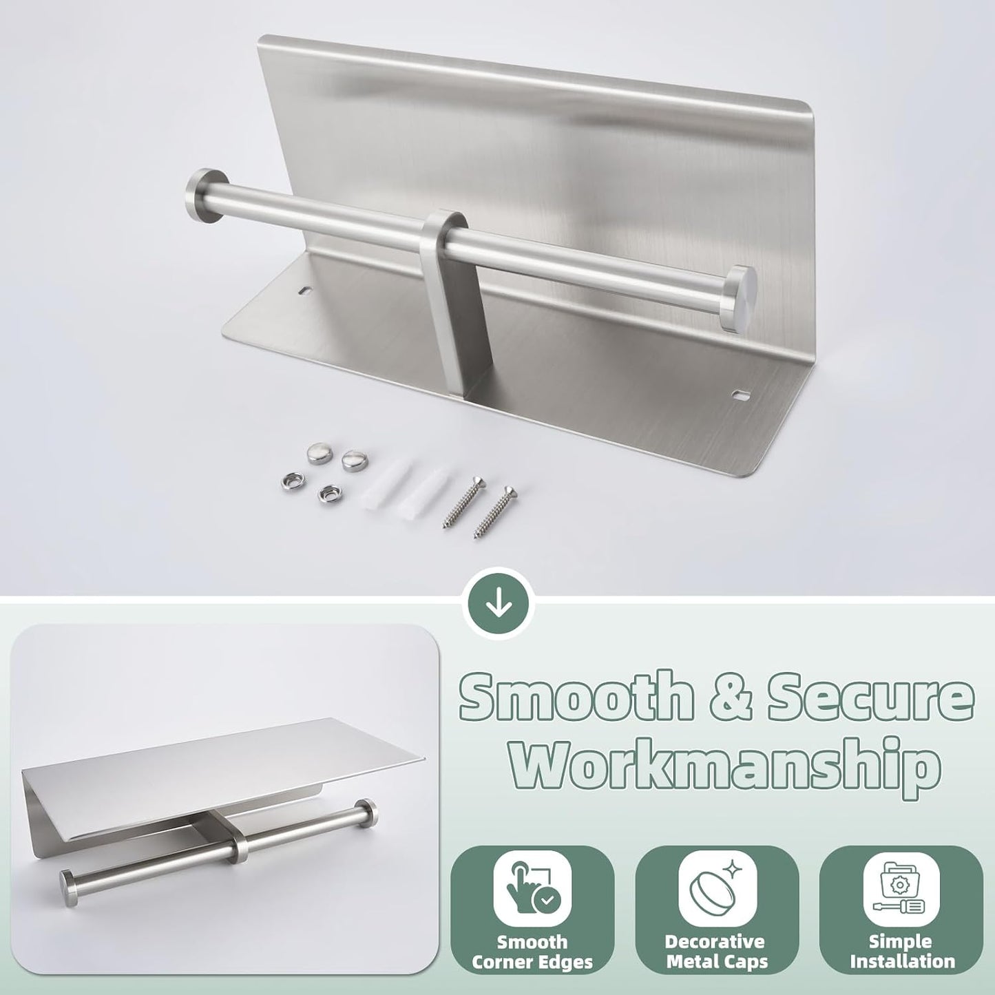 APLusee Brushed Nickel Double Toilet Paper Holder with Shelf, Wall Mounted | 304 Stainless Steel, Rust-resistant for