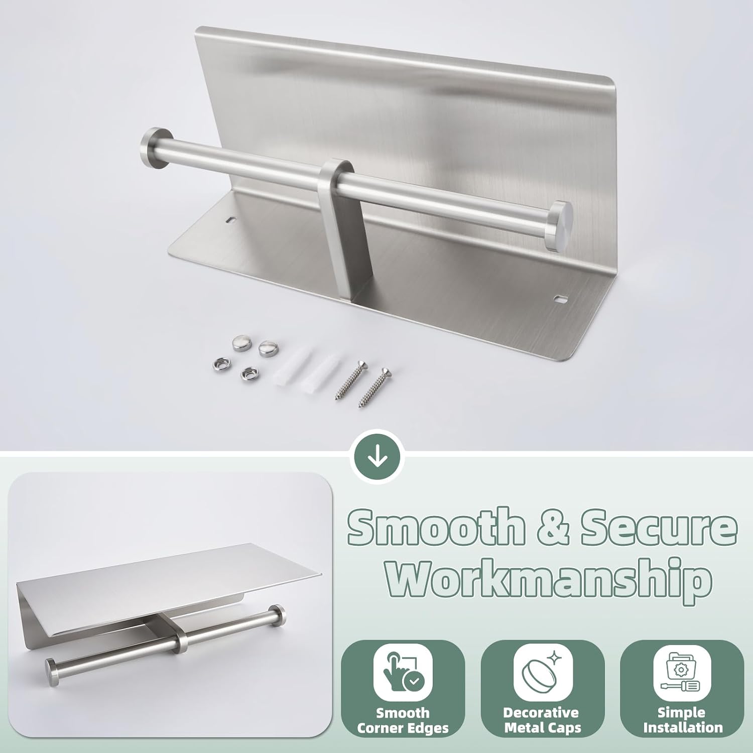 APLusee Brushed Nickel Double Toilet Paper Holder with Shelf, Wall Mounted | 304 Stainless Steel, Rust-resistant for