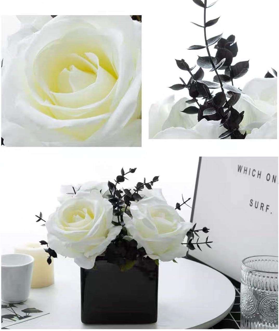 Artificial Flowers / Small Ceramic Vases / White+black