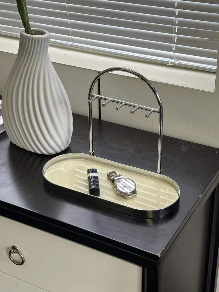 Metal Jewelry Organizer Stand & Key Holder Tray / Silver Creamy