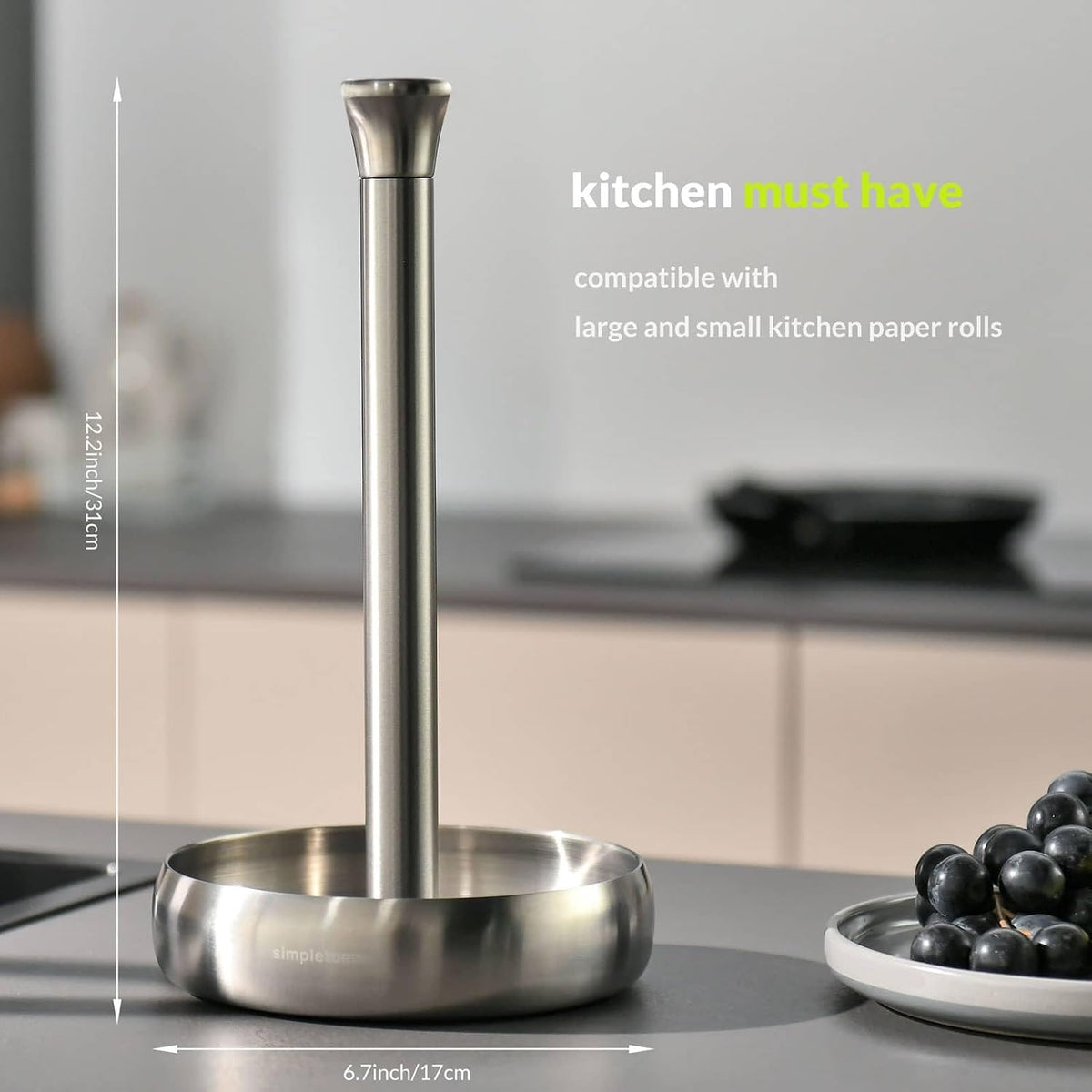 Paper Towel Holder Stand Keep Rolled Up (SUS304 Brushed Stainless Steel) | paper won’t unravel | weighted base
