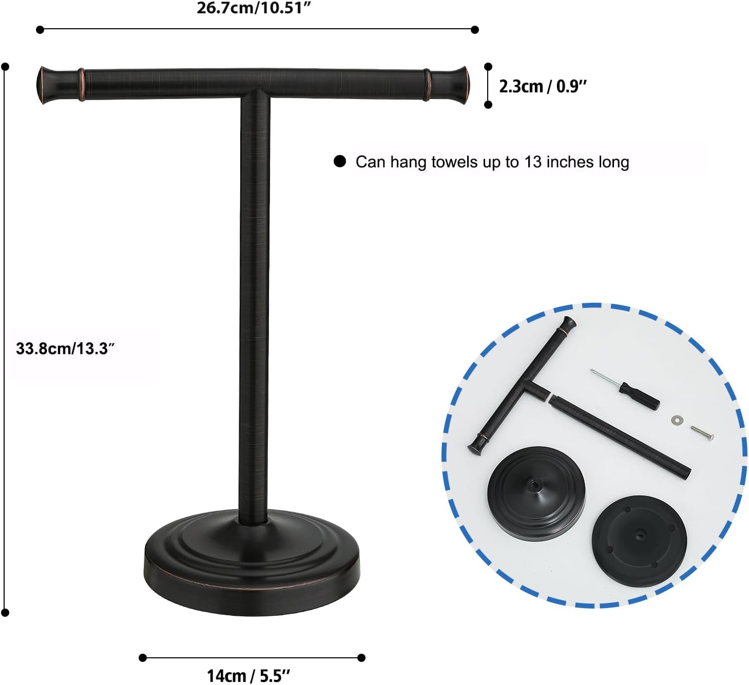 RUMOSE Oil Rubbed Bronze Hand Towel Holder Stand Countertop Towel Rack | 13 Inch Bathroom Kitchen Vanity T-Shape Towel
