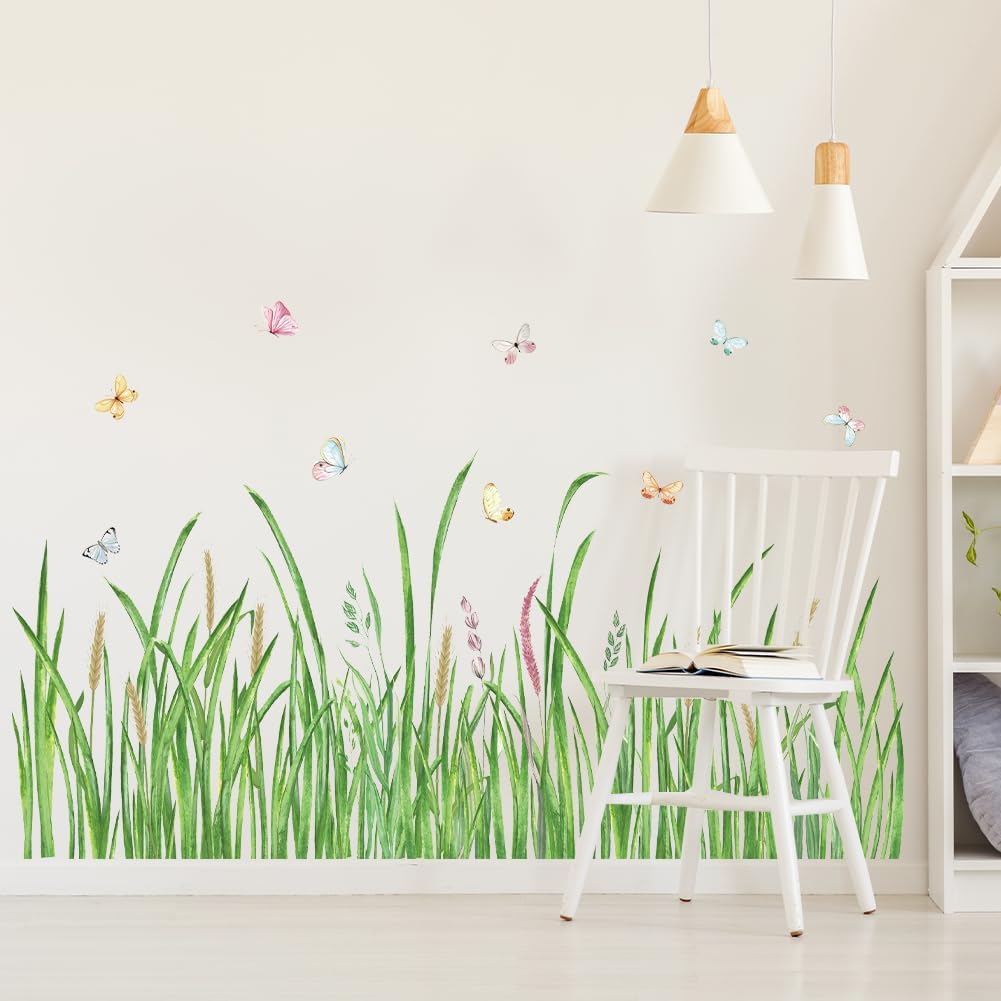Grass Wall Corner Sticker Peel and Stick Flower Butterfly Wall Decal Plant Baseboard / Green