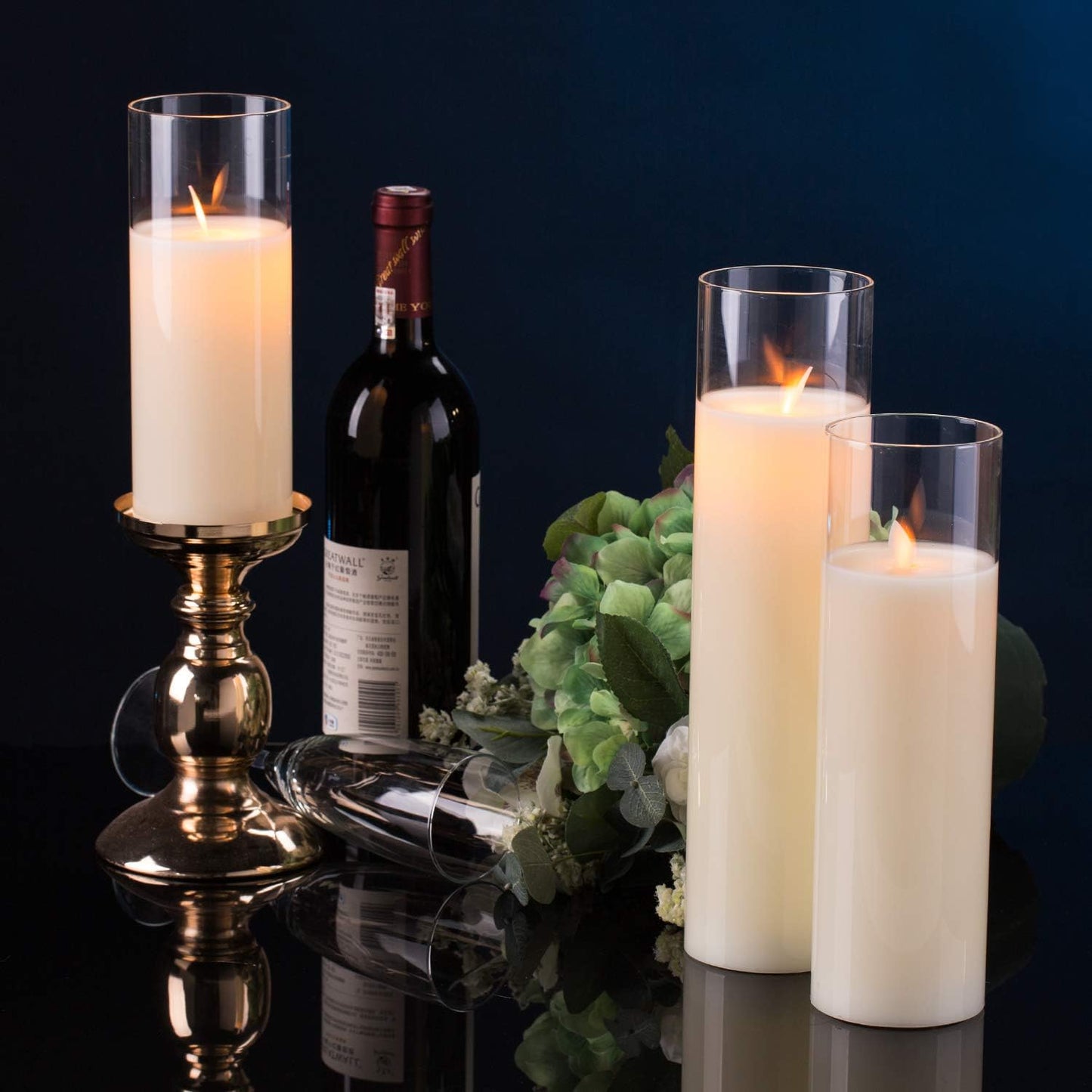AKU TONPA Pack of 3 Flameless Candles Battery Operated Real Wax Glass Flickering LED Candle Sets with Remote Control
