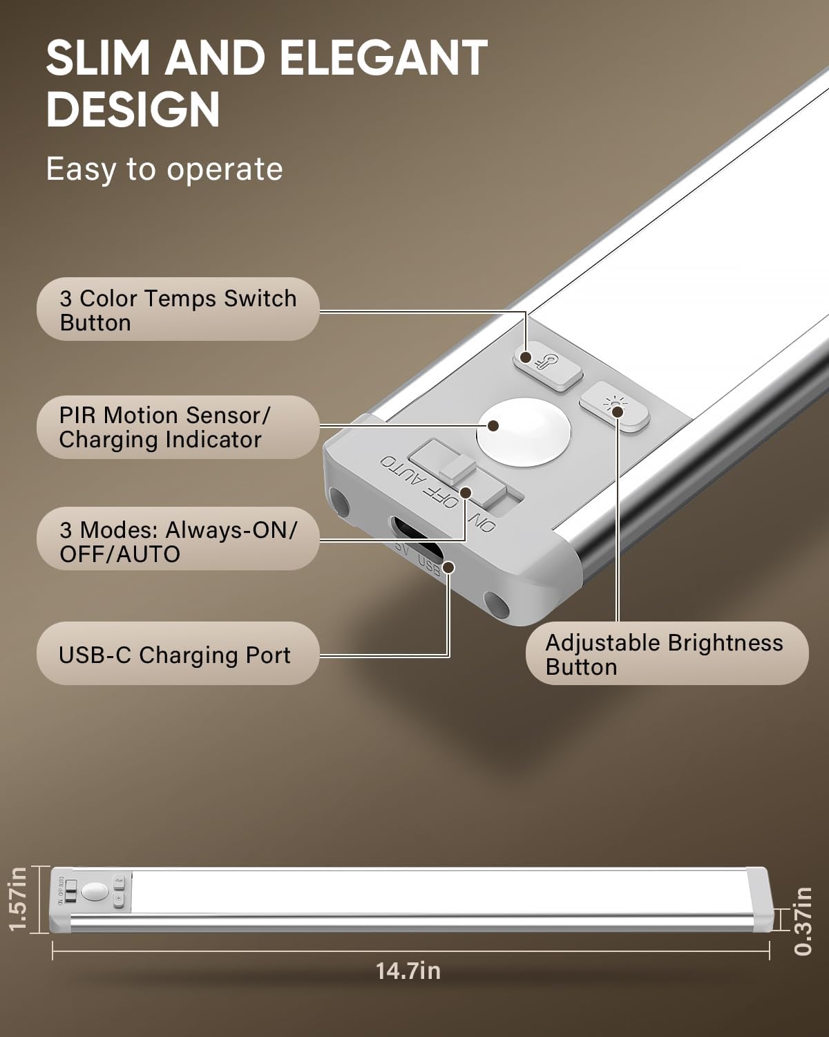 MCGOR 14.7inch Under Cabinet Lighting, Wireless Motion Sensor Light,5 Pack | 3 Color Temps, Rechargeable, 2200mAh