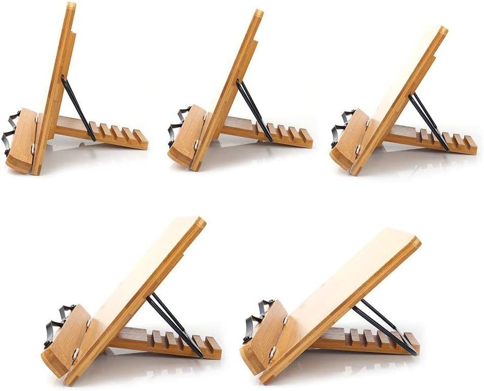 wishacc Bamboo Book Stand, Adjustable Book Holder Tray and Page Paper Clips-Cookbook Reading Desk Portable Stable