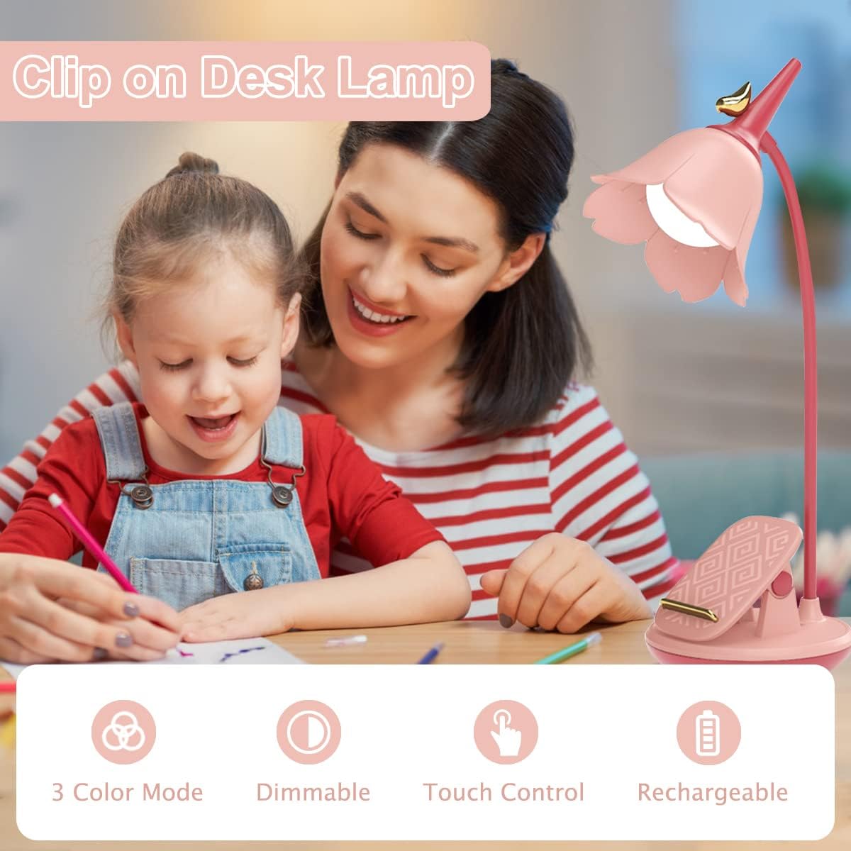 Pink Desk Lamp with Clamp, Rechargeable LED Small Lamp, Adjustable Gooseneck, Dimmable Cute for Kids Girls Bedroom Dorm