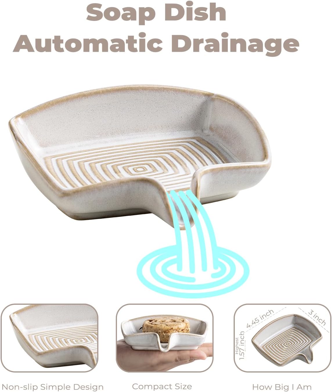Waterfall Design Bar Soap Holder Self Draining Soap Saver for Shower / Beige White / Rectangular