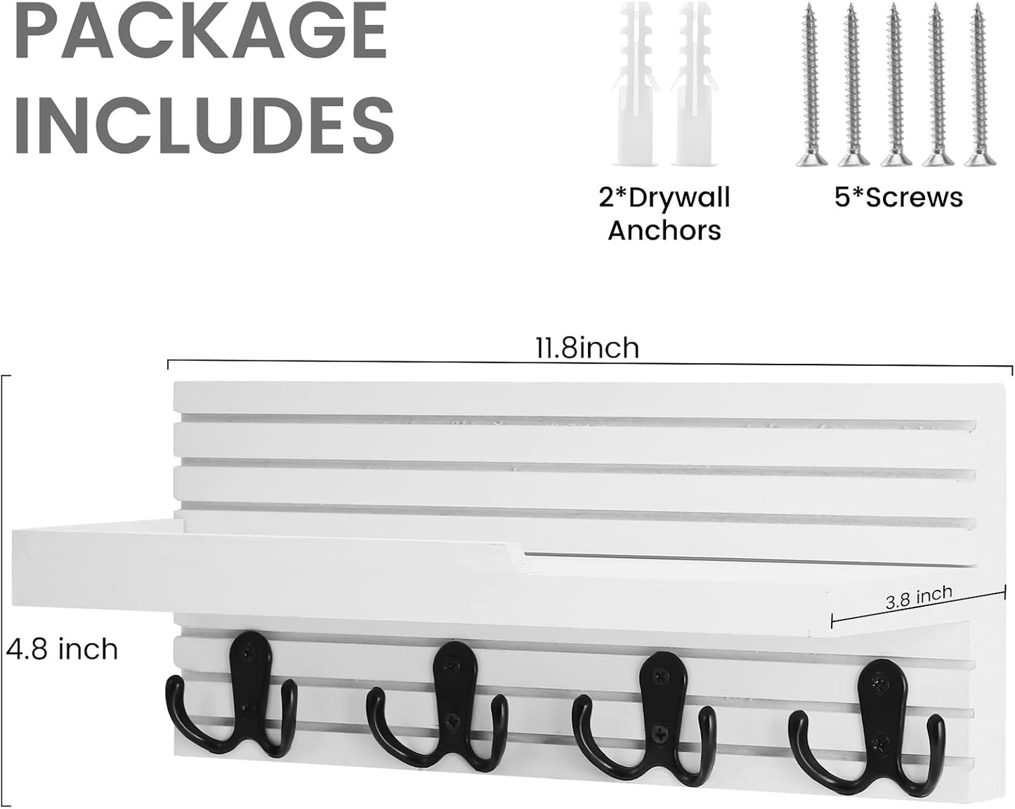 Easy Install Natural Wooden Key and Mail Holder / White