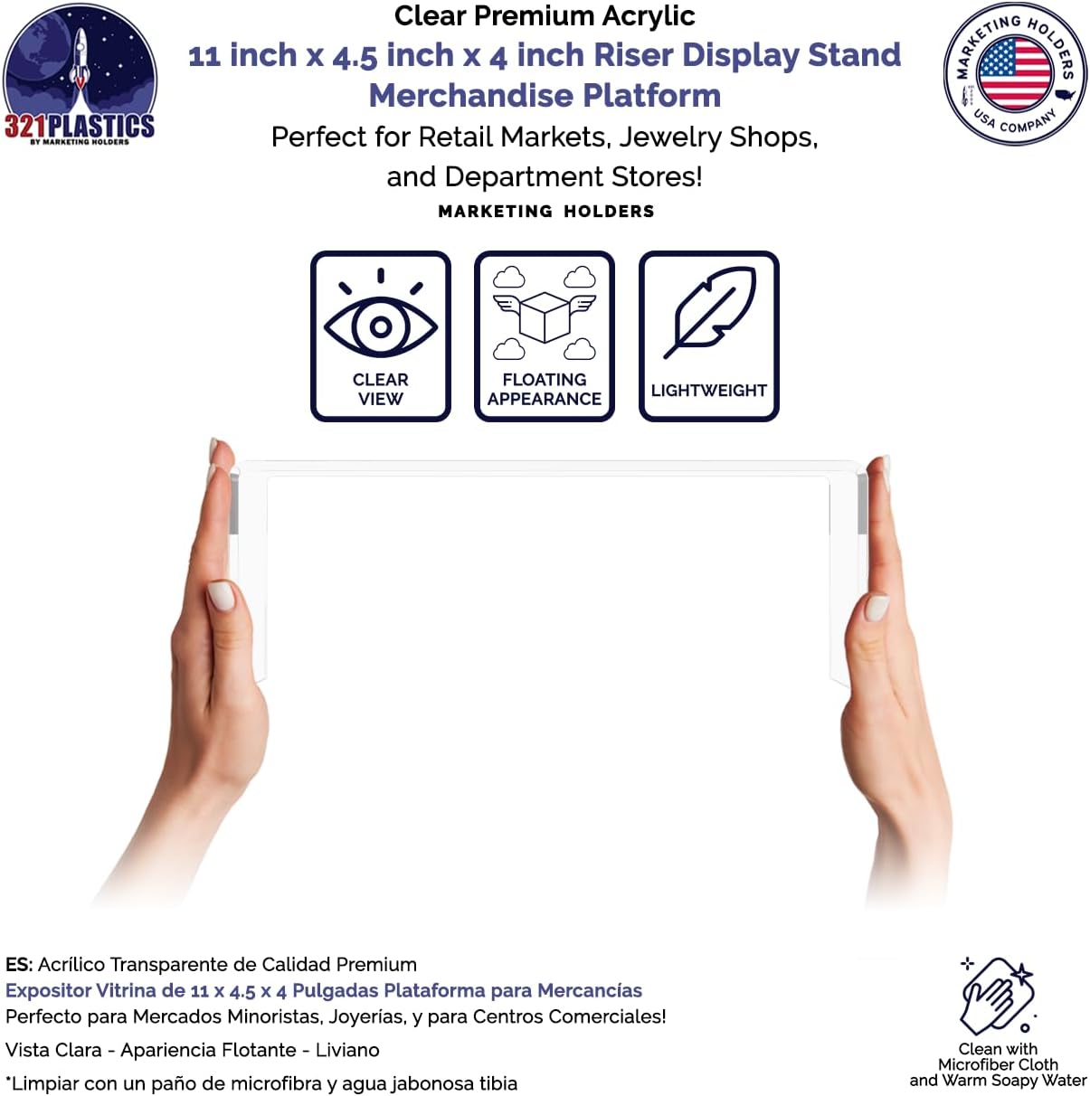 Marketing Holders 4 Pack Clear Acrylic Riser Display Stand 11 Wide x 4.5 Deep Merchandising Showcase One Piece Fixture