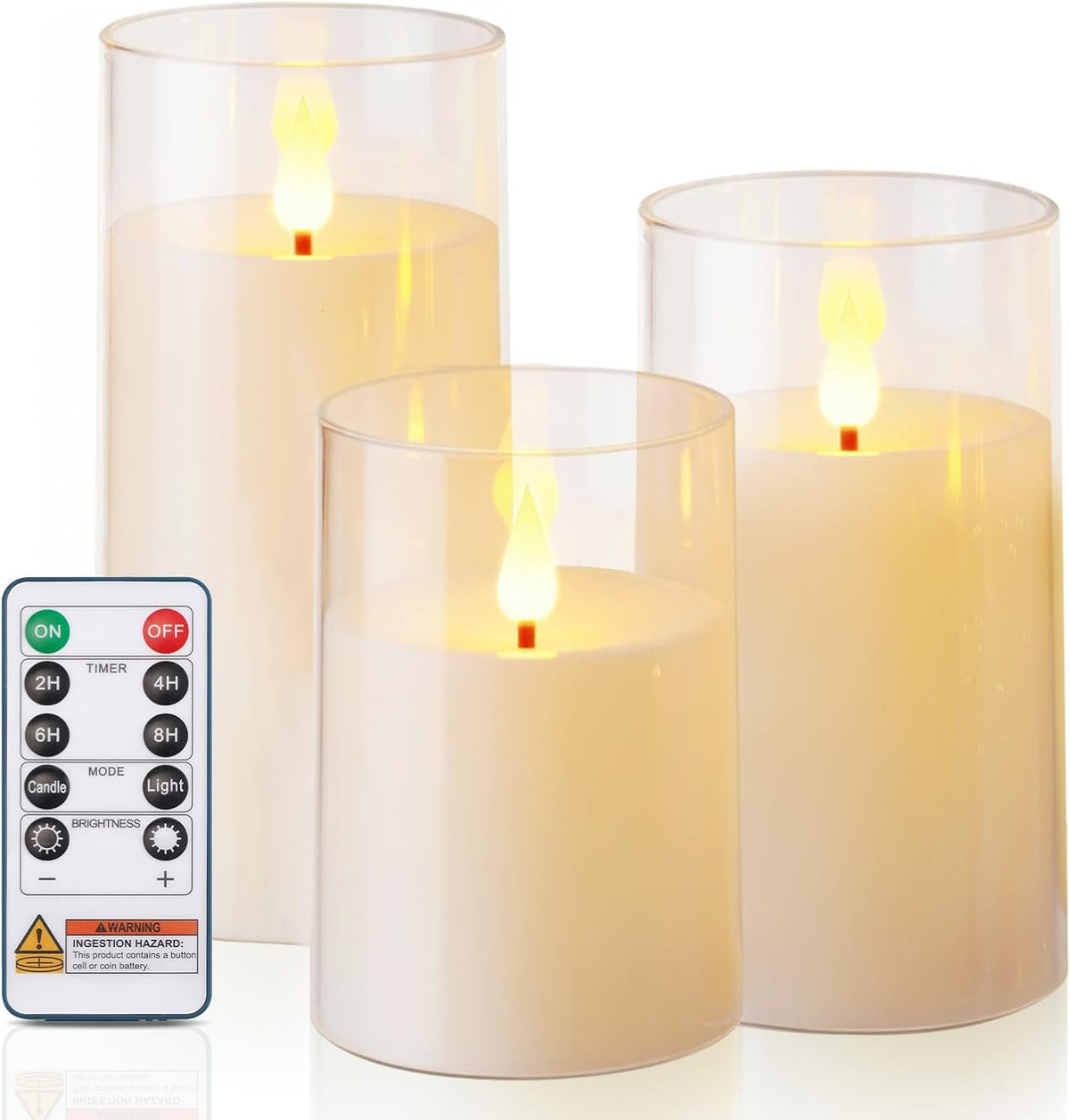 Homemory Ivory Flameless Candles, Battery Operated Acrylic LED Pillar Candles with Remote Timer, Realistic Flickering Fake Candles for Home Decor, Christmas, Wedding, Party, Set of 3