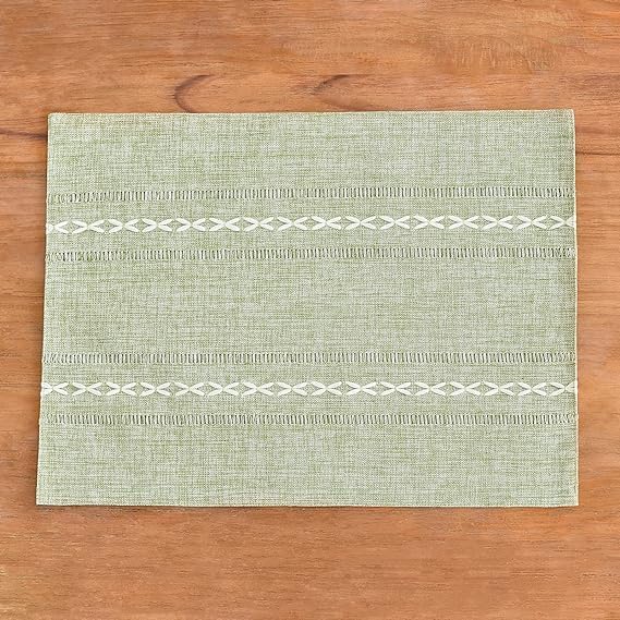 Wracra Cotton Linen Place Mats, Sage Green Embroidered Placemats Set of 6 | Placemats 12 x 18 Inch; Cotton Linen Woven