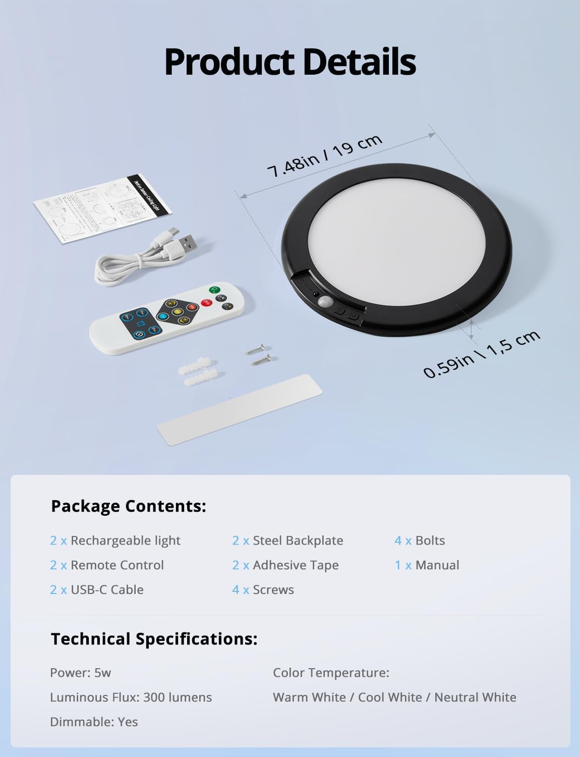 2 Pack Black Operated Battery Powered Motion Sensor Ceiling Lights Wireless, Rechargeable 60 Day Battery Life