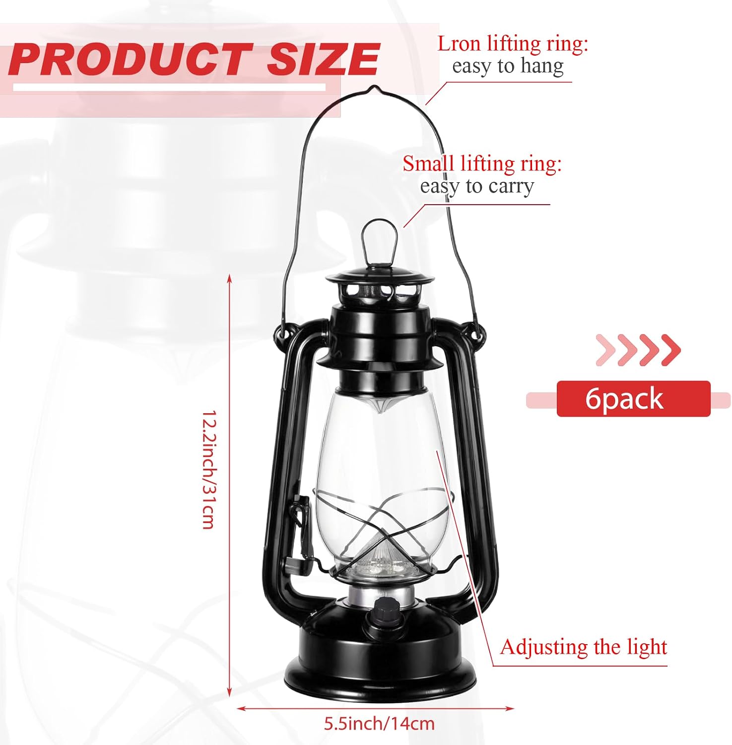 6 Pcs 12 Inch Vintage LED Hurricane Lantern Metal Black Outdoor Battery Operated Hanging Lantern with Warm LEDs and