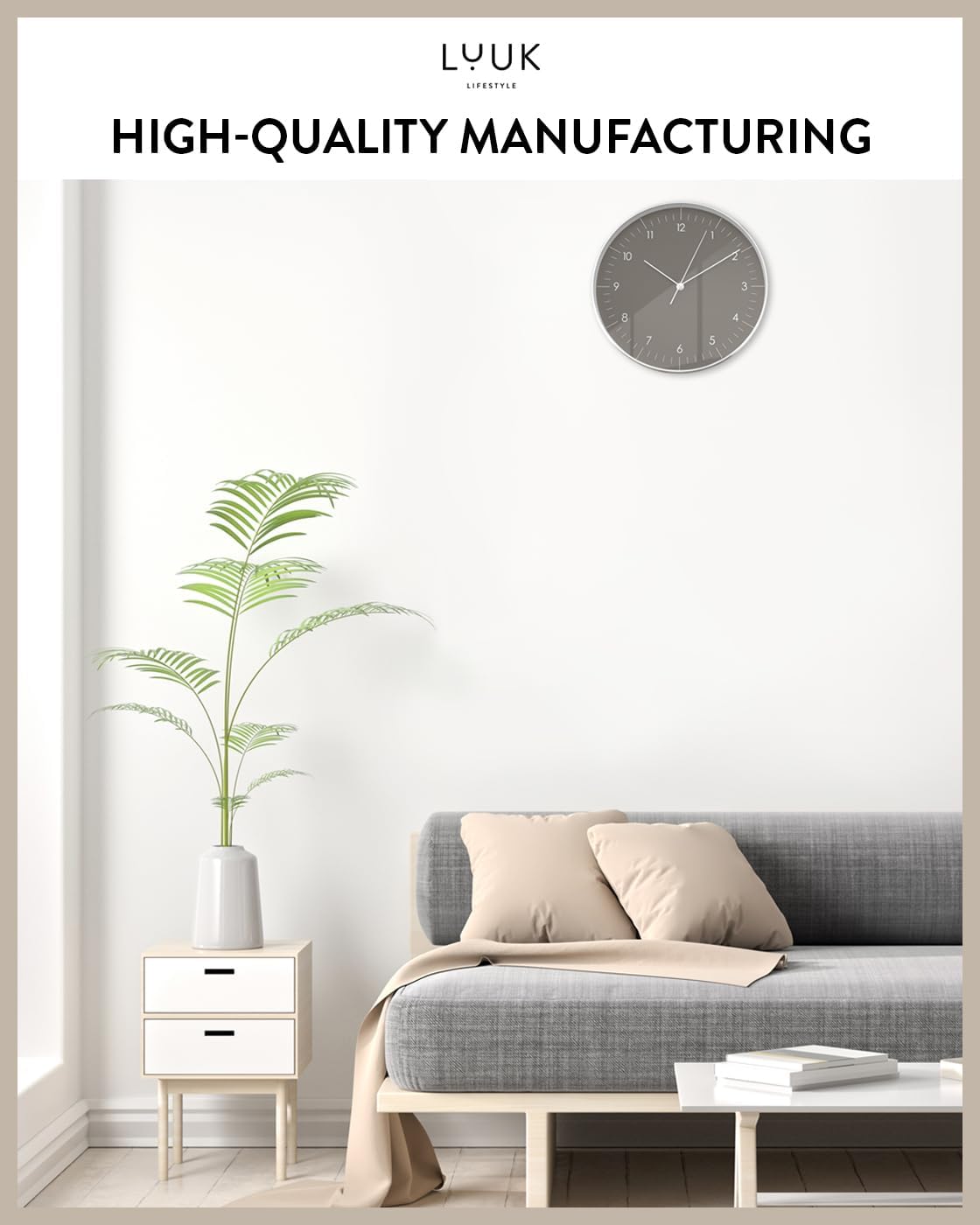 Modern Silent Quartz Wall Clock, 12in, Dark Grey & Gold | Chic & Minimalist, Non-ticking, Analog, Arabic numerals