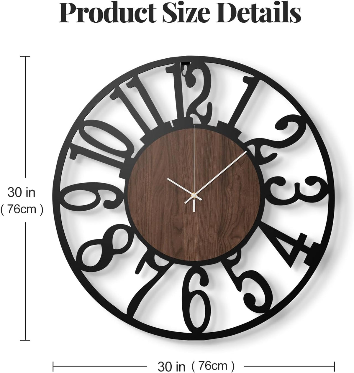Cuspin 30 Inch Large Wall Clock Black Metal Frame with Walnut Center Dial | Wood and Metal, Battery operated, Silent