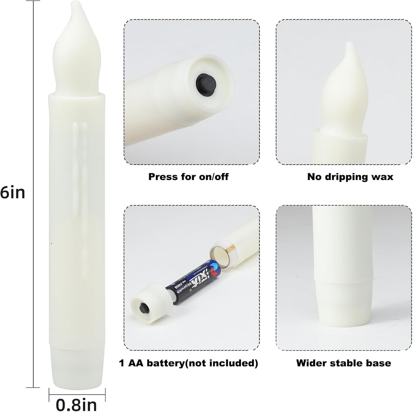 Lezonic Flameless Battery Operated Candlesticks Flickering, 24Pcs White LED Battery Christmas Window Candles, 6 Inch