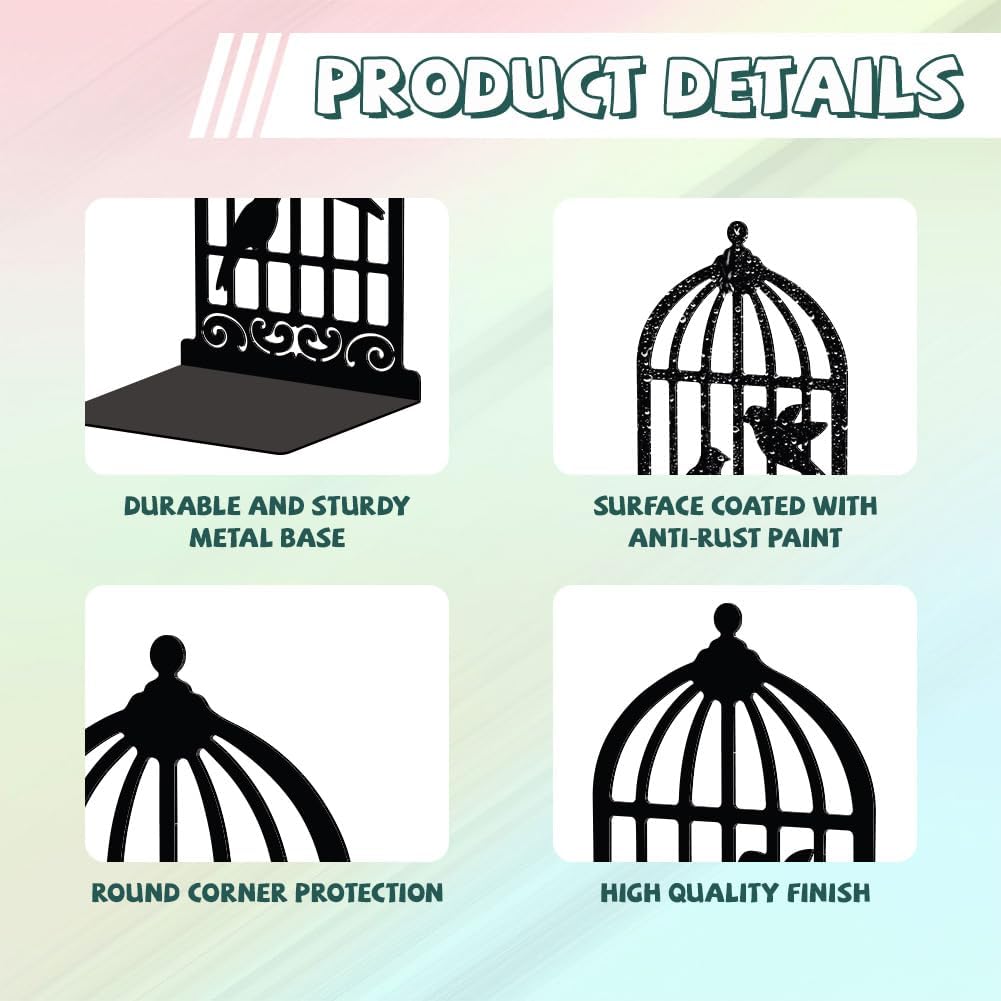 Metal Bookends / Modern Decorative Heavy Duty Study Book Support Stoppers / Birdcage and Bird