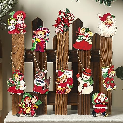 Geelin 24 Pcs Vintage Christmas Ornaments Hanging Wooden Cutouts for Tree