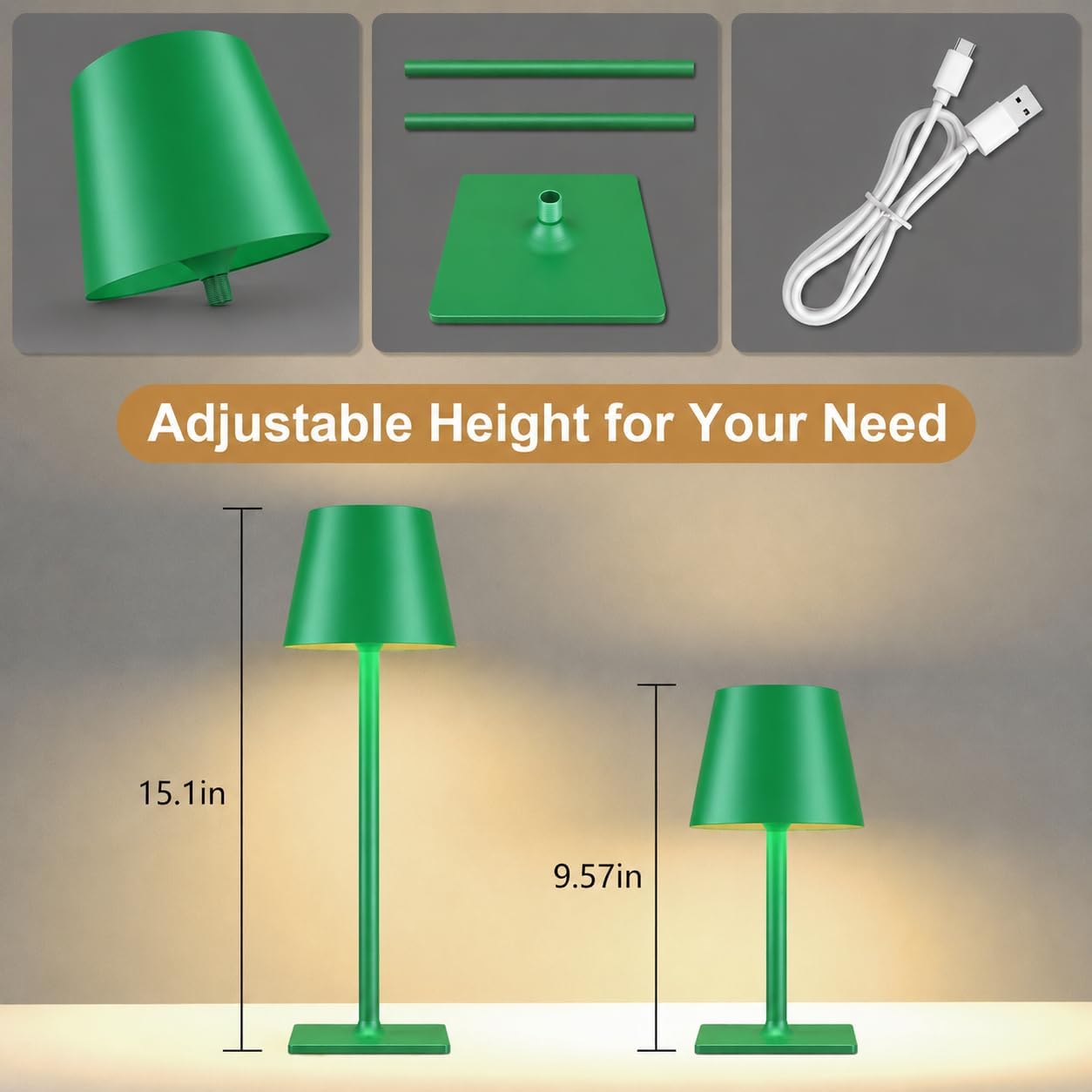 Yogaret Green Cordless Table Lamps, 6000mAh Rechargeable Battery, 2 Pack | Portable table lights set of 2 wireless