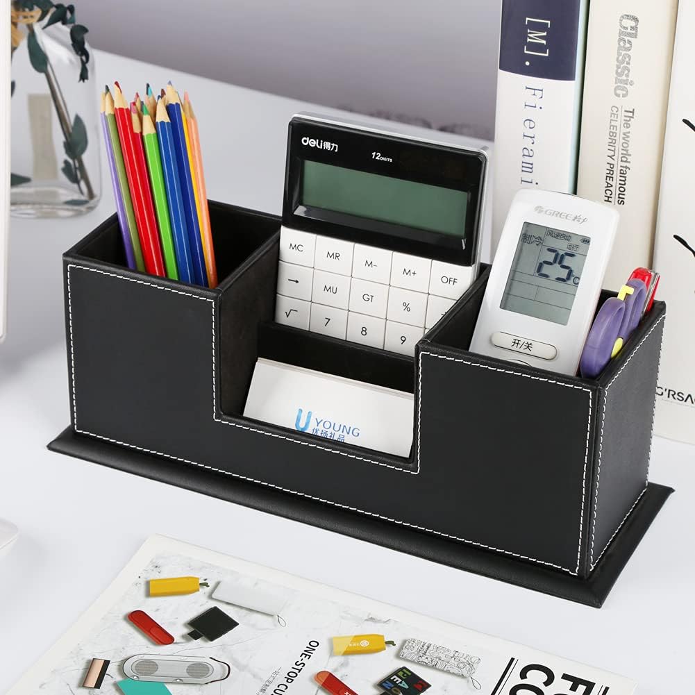 KINGFOM™ Double Holder Leather Multi-Function Desk Stationery Organizer Pen Pencil Holder Black