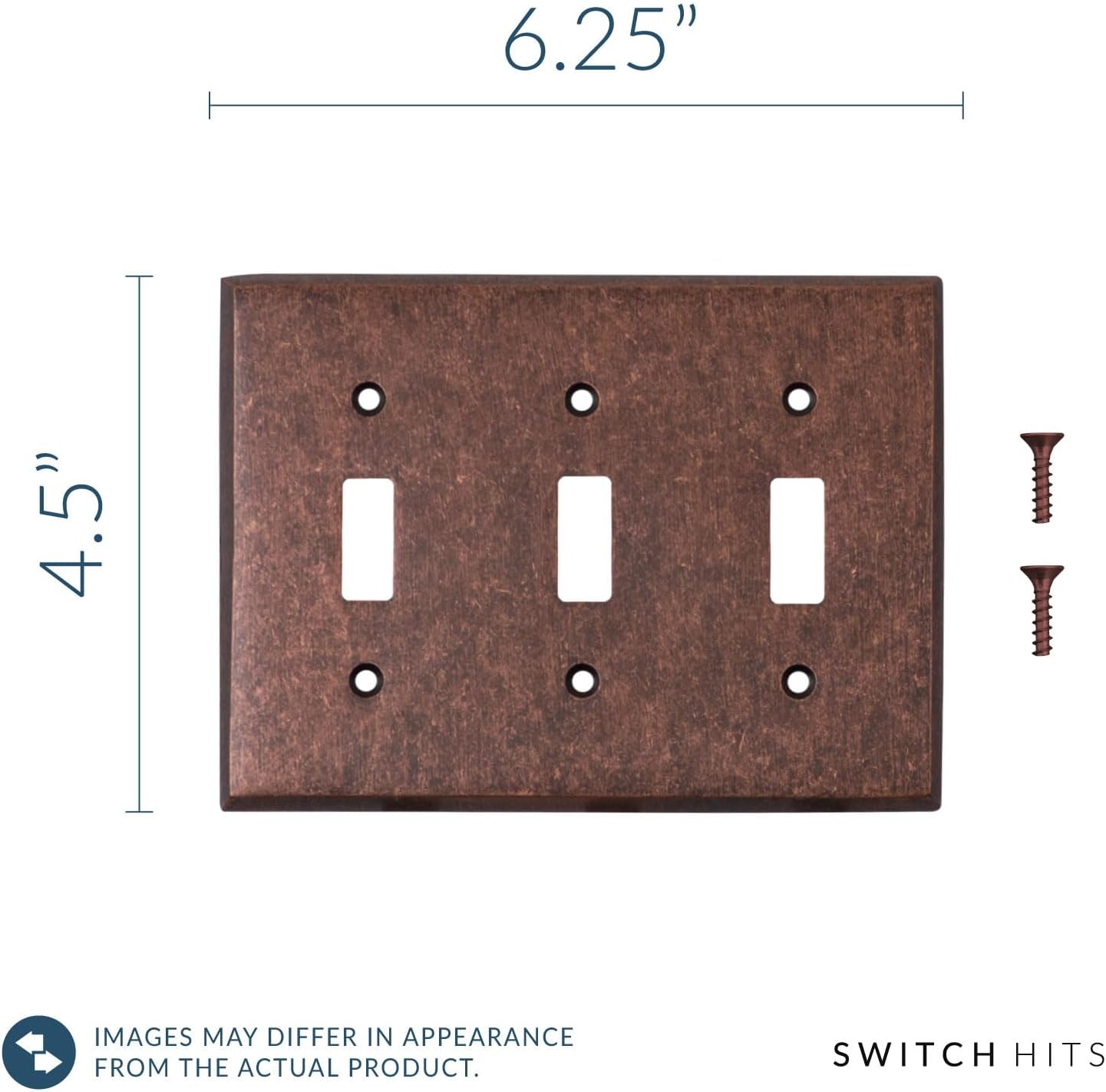 Mottled Antique Copper Outlet Wall Plate | 3 Toggle | 6.25" x 4.5" | Hand-Polished Brass Construction | Electrical