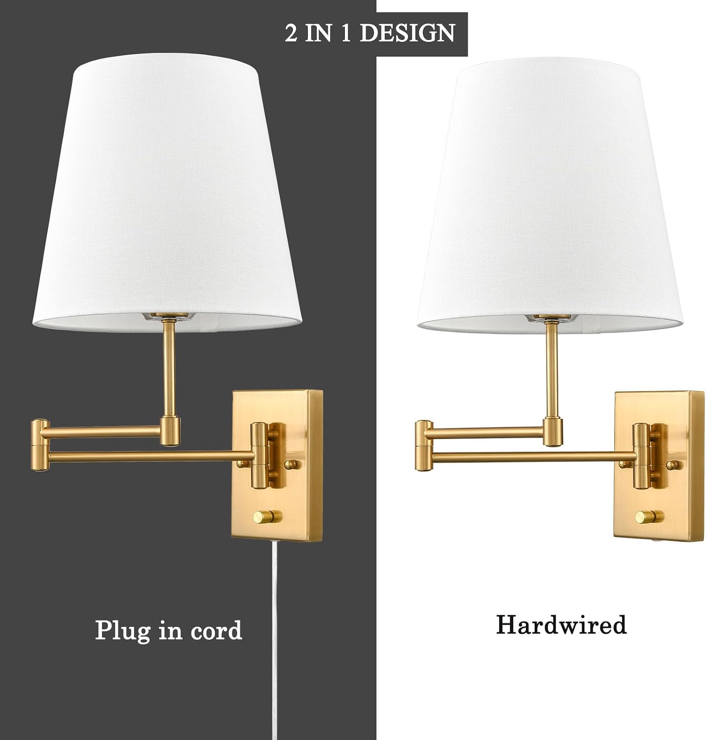 HYDELITE Gold Swing Arm Wall Lamp Brass Wall Sconces with Linen Shade | Plug-in or Hardwired Wall Light Fixtures