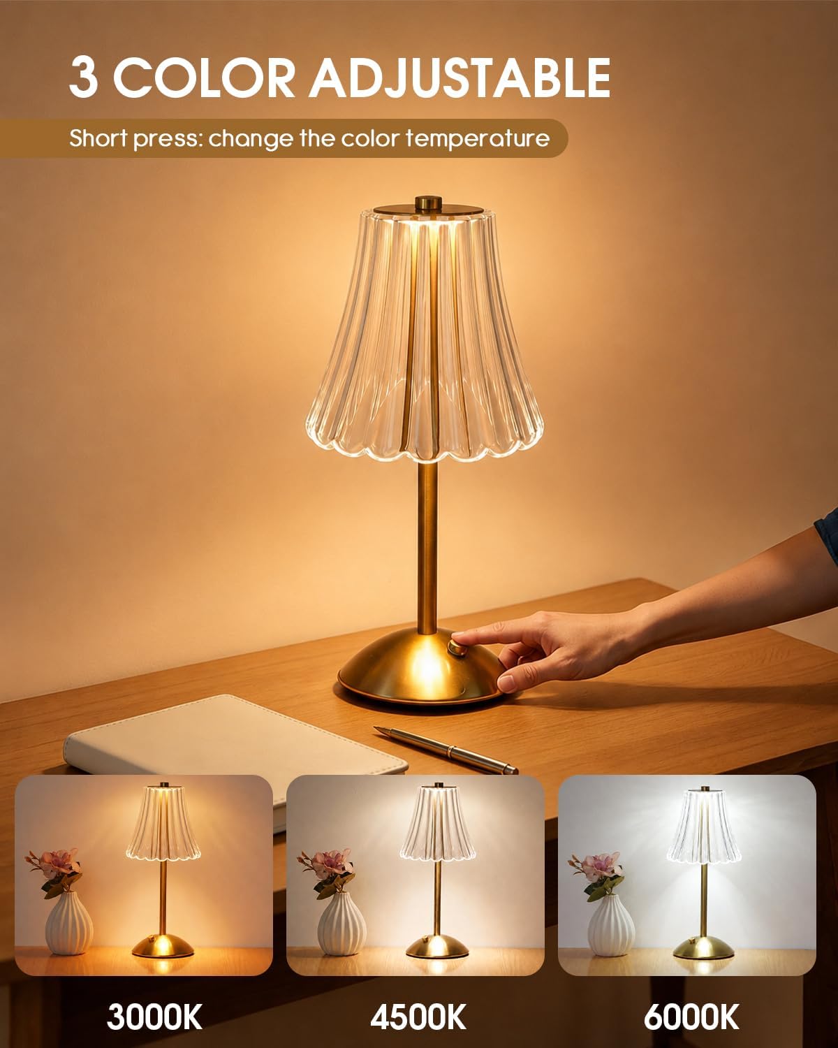 Nusogon Rechargeable Cordless Table Lamp, Gold Touch Crystal Desk Lamp | 3 Color Dimmable LED Small Lamp, Battery