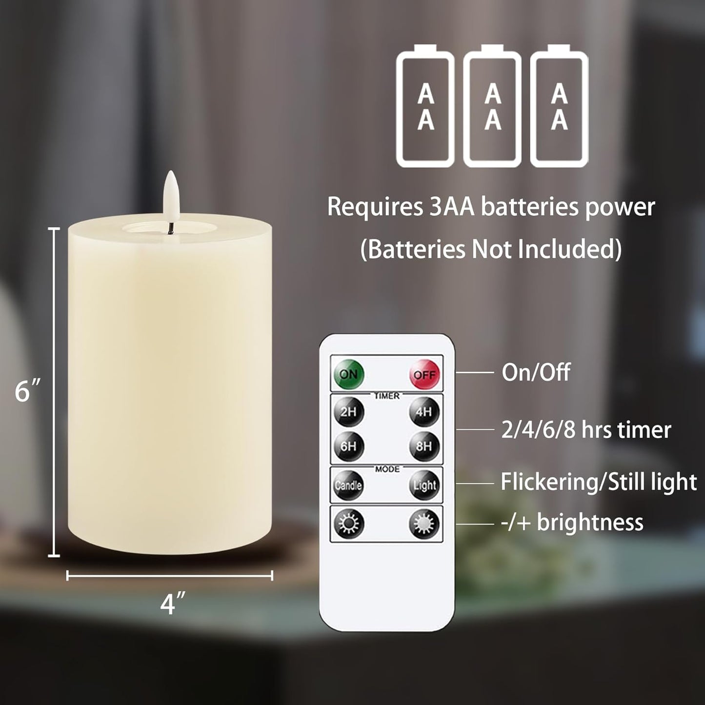 Flameless Flickering D: 4" H: 6" Real Wax Ivory Remote Candles with Candle Grease, Pack of 2 Timer LED Battery Operated