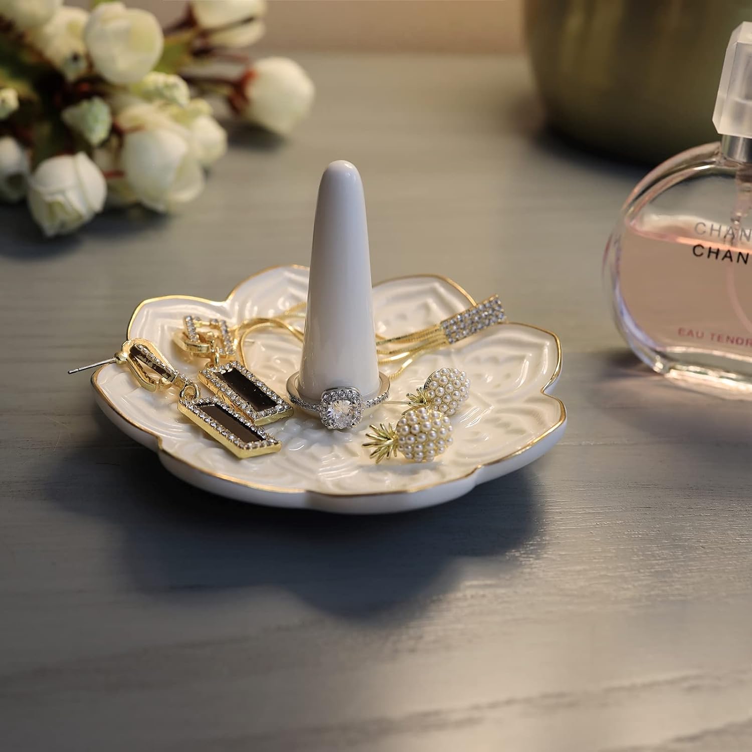 Ceramic Mandala Jewelry Holder Decorative Ring Holder/Trinket Tray Engagement Wedding / White
