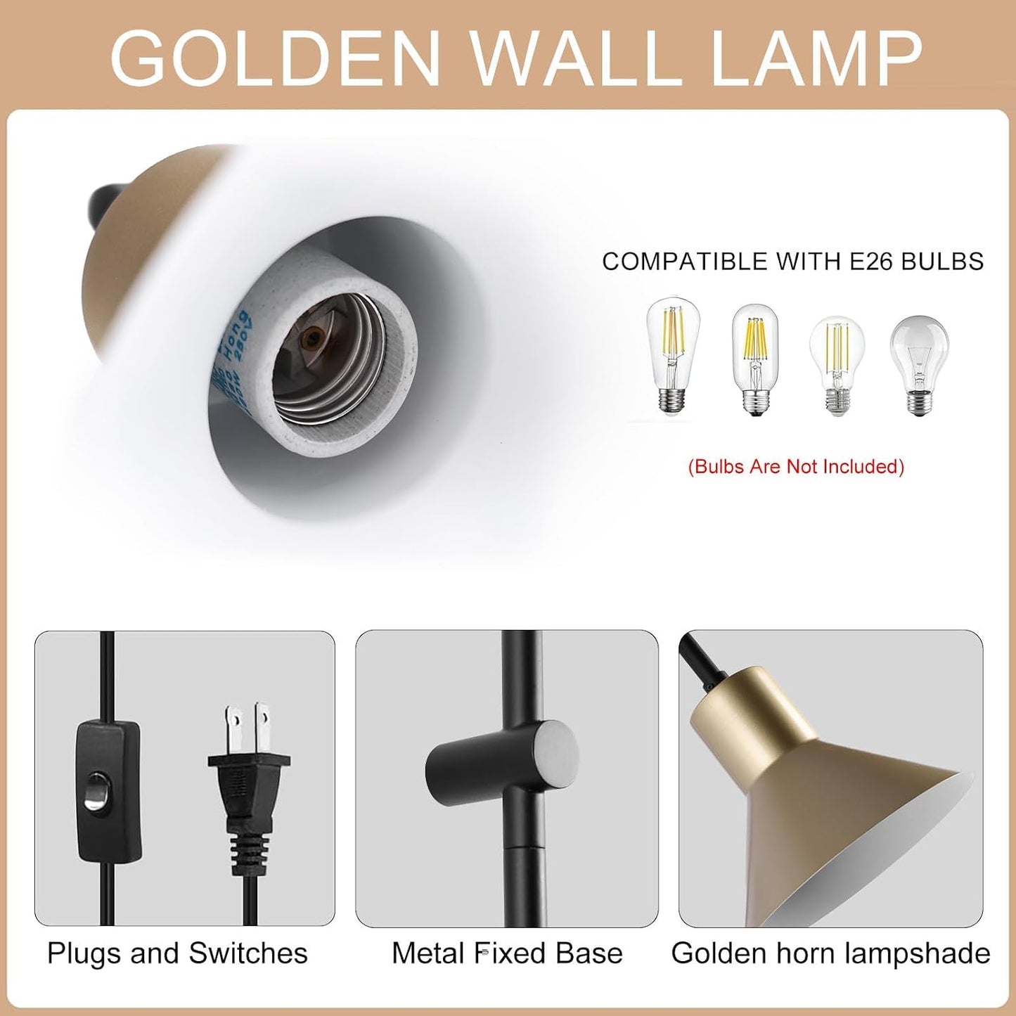 Plug in Wall Sconce with Switch, Indoor Horn Cover Wall Mounted Lamp with E26 Base, Long Wall Light for Bedroom Living