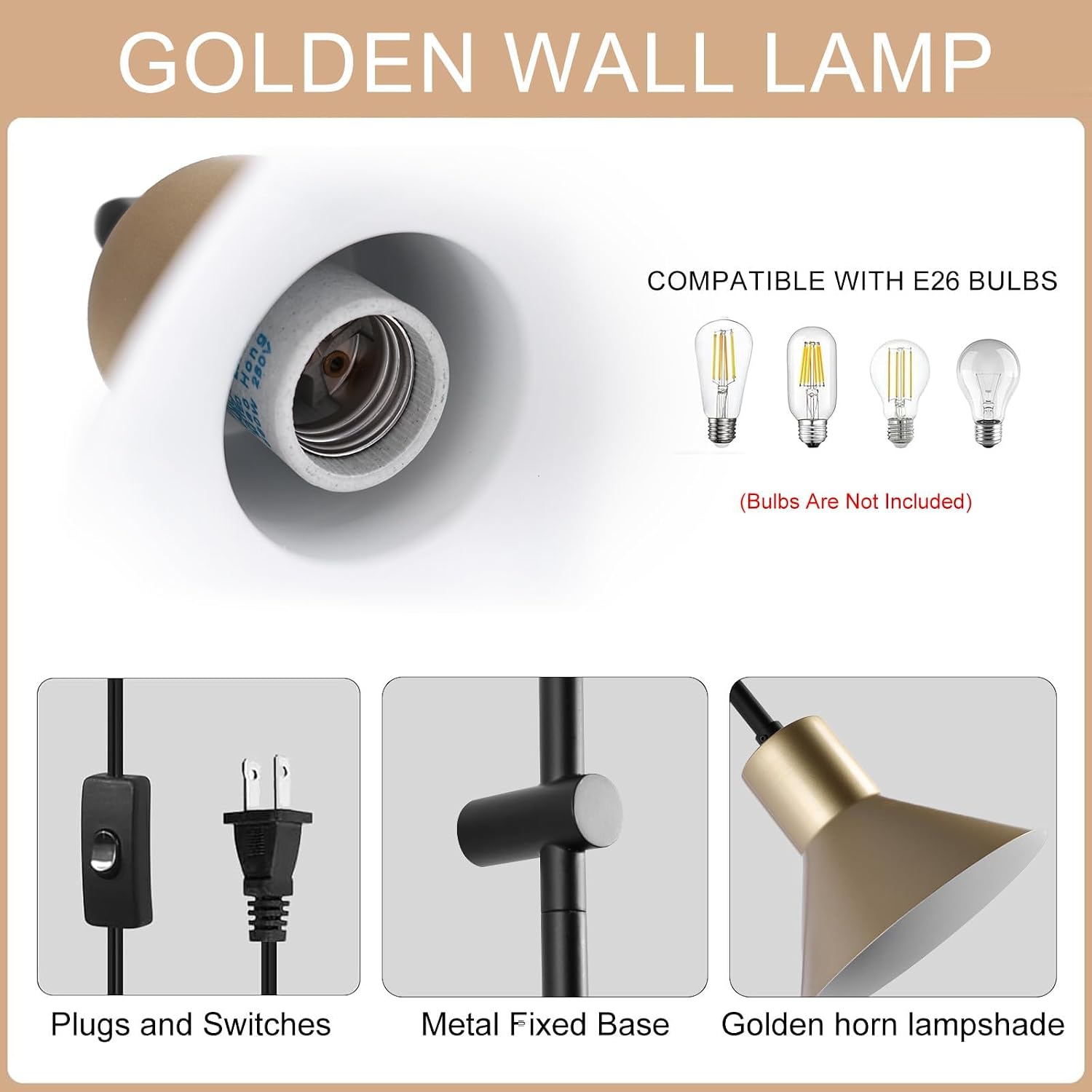 Plug in Wall Sconce with Switch, Indoor Horn Cover Wall Mounted Lamp with E26 Base, Long Wall Light for Bedroom Living