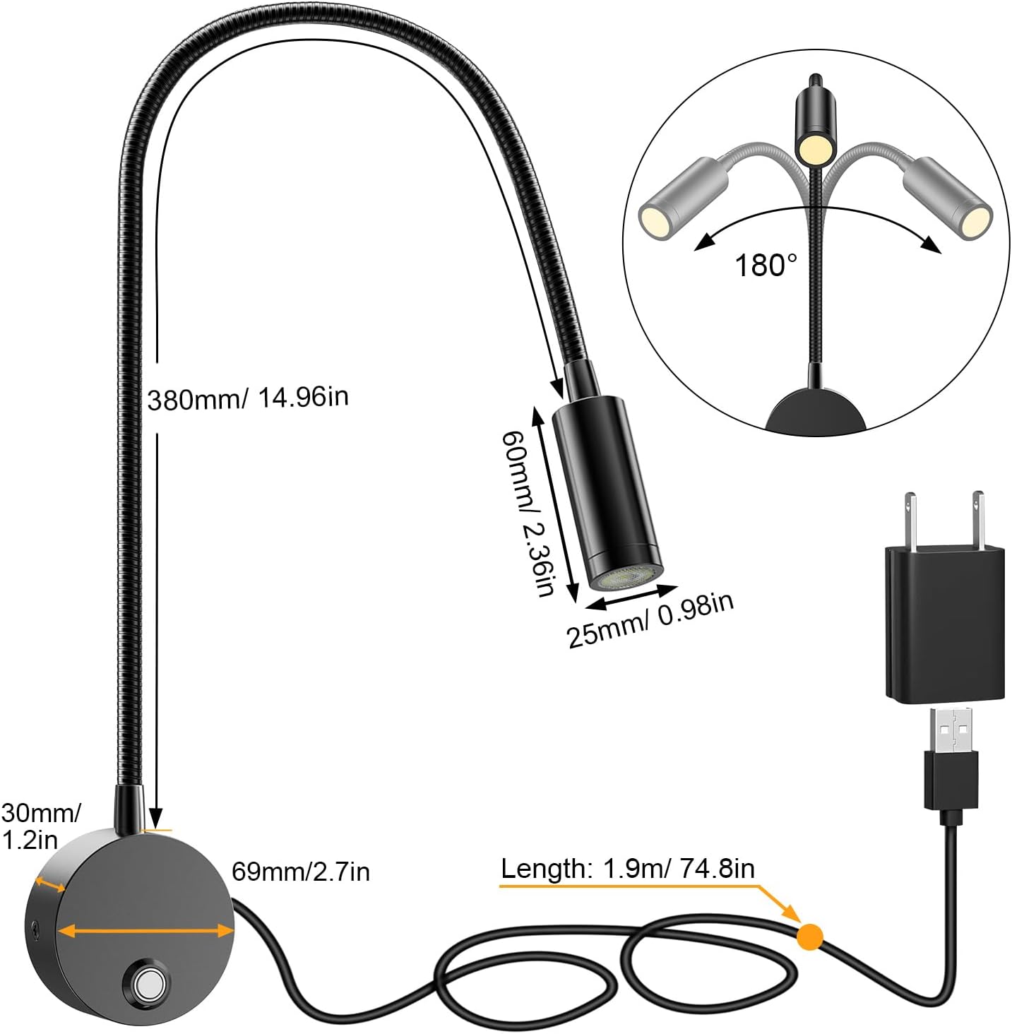 Wall Mounted LED Reading Light with 15" Flexible Gooseneck, Dimmable Book Light for Reading In Bed with USB Charging