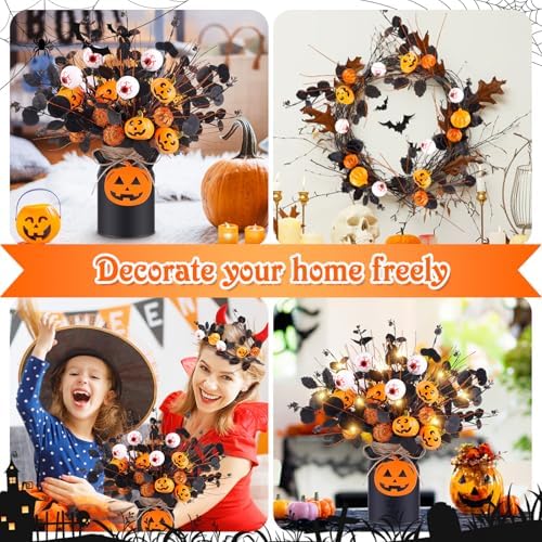 Halloween Table Deocr with 5 Pcs Artificial Pumpkin Eyeballs Eucalyptus Stems Black Iron Vase String Light and Wood Sign Halloween Centerpieces for Indoor Home Party Vase Arrangement Decorations
