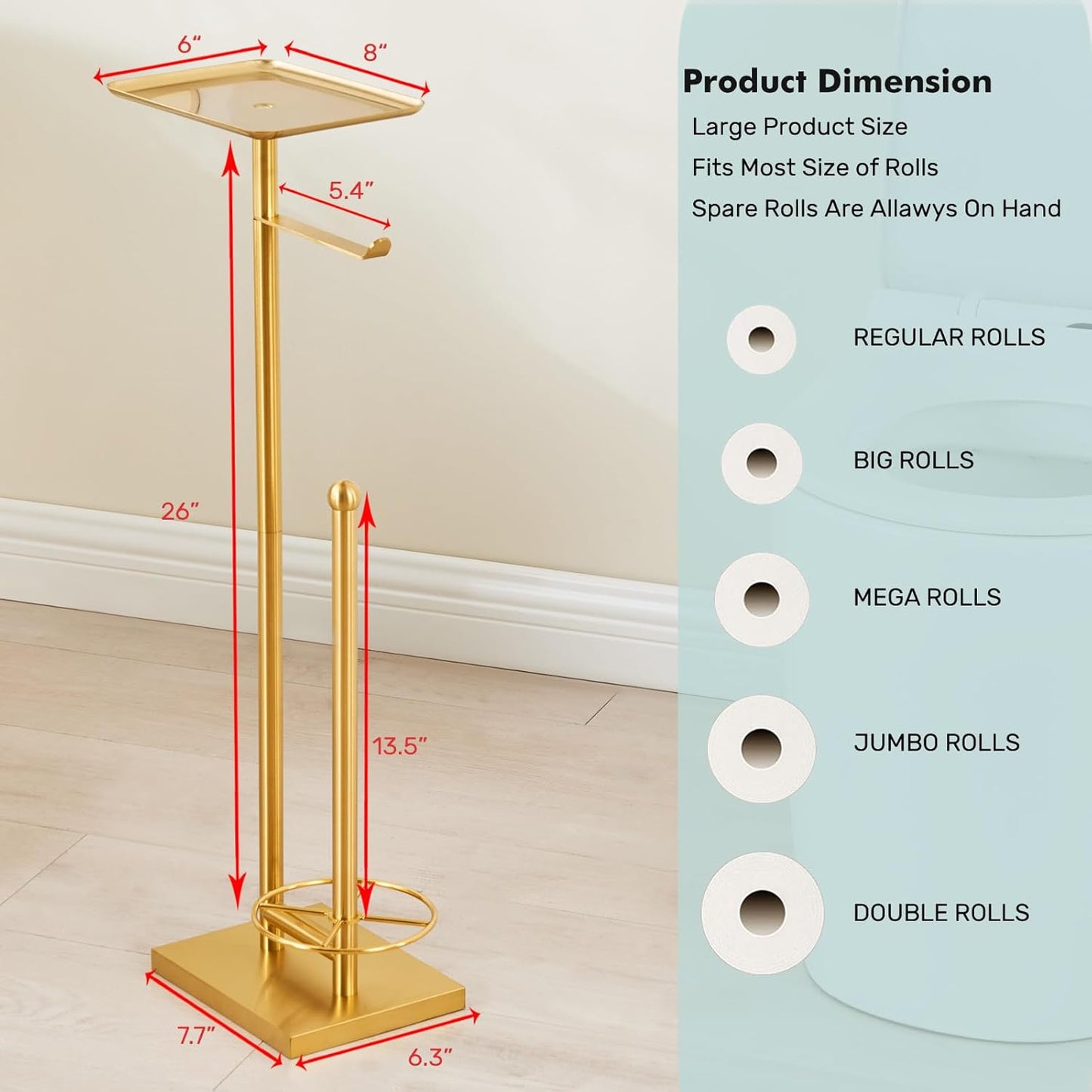 Toilet Paper Holder with Tray At the Top, Heavy-Weighted Base No Wobbly, Freestanding Toilet Paper Rolls Stand, Hold