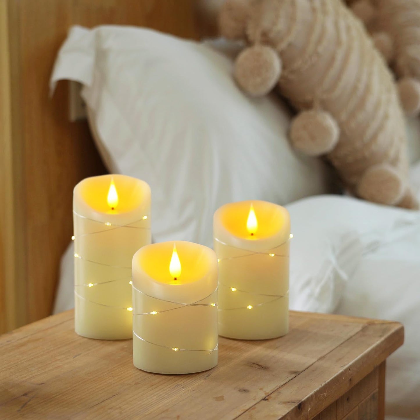 Homemory Flameless Candles with String Lights, 3 Pack Embedded Fairy String Lights LED Candles, Electric Flickering