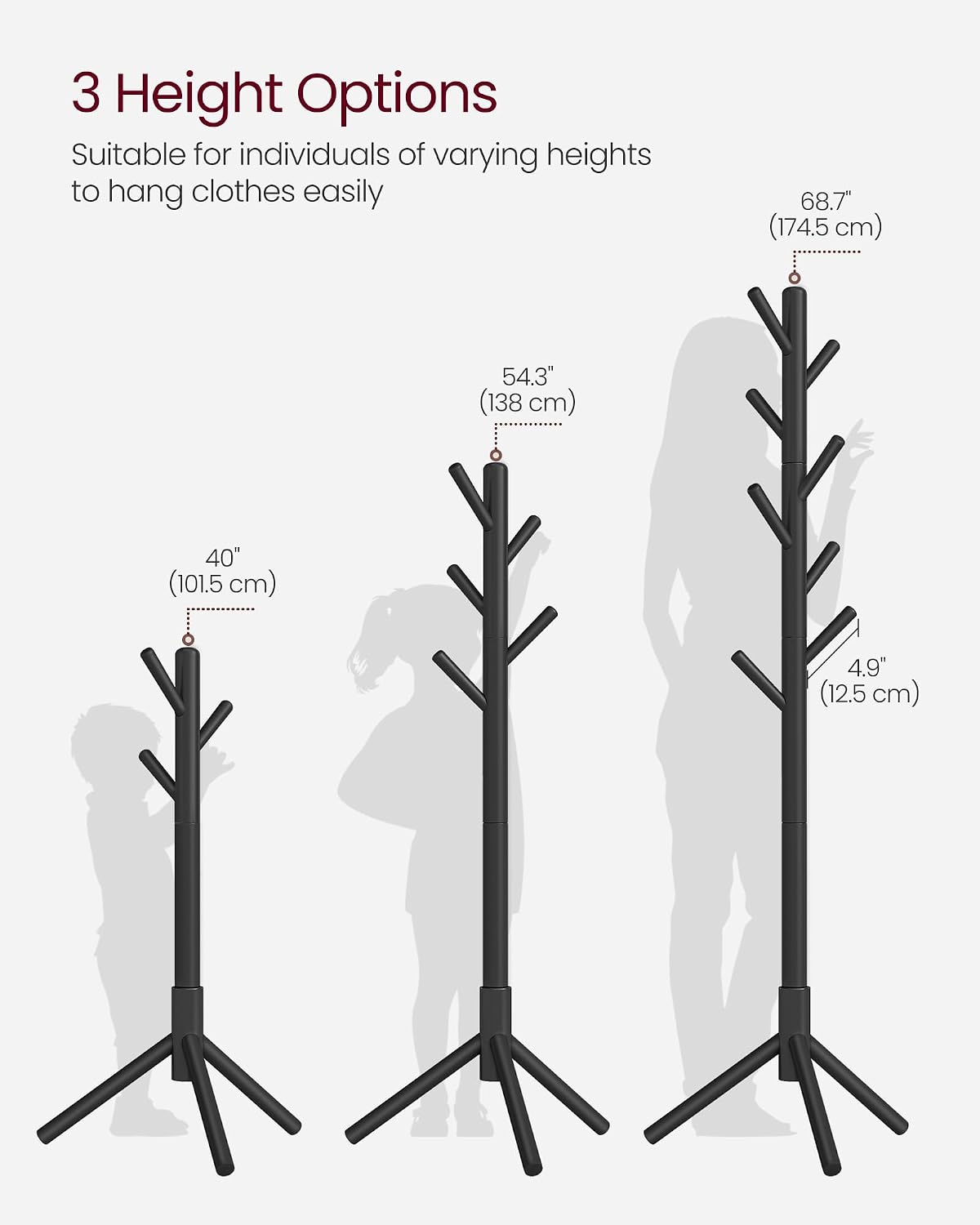VASAGLE Solid Wood Coat Rack, Free Standing Tree-Shaped Coat Rack with 8 Hooks, 3 Height Options, for Clothes, Hats