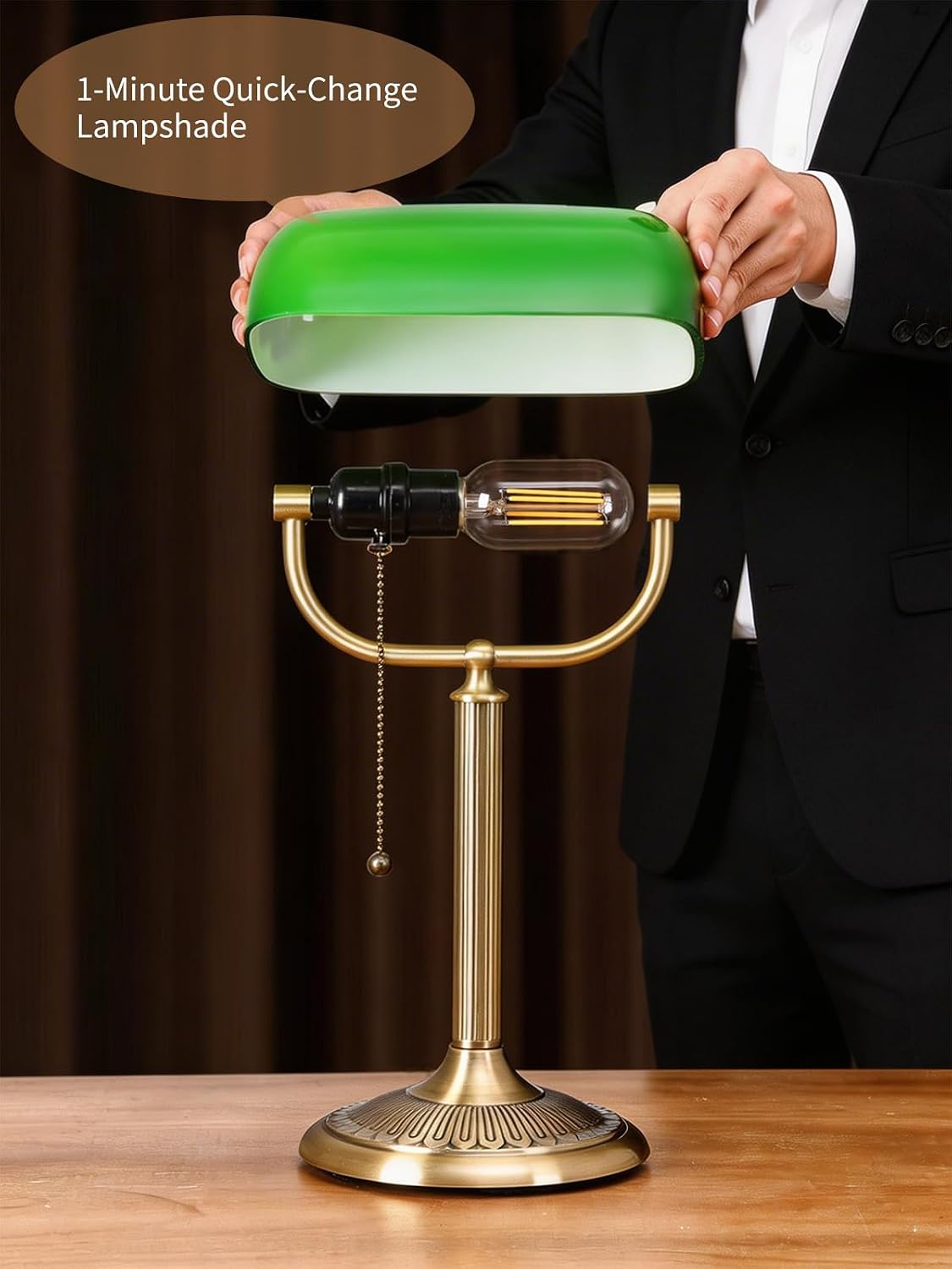 1-Minute Quick-Change Shade Classic Green Glass Bankers Desk Lamp | Study Office Library, LED Bulb Included