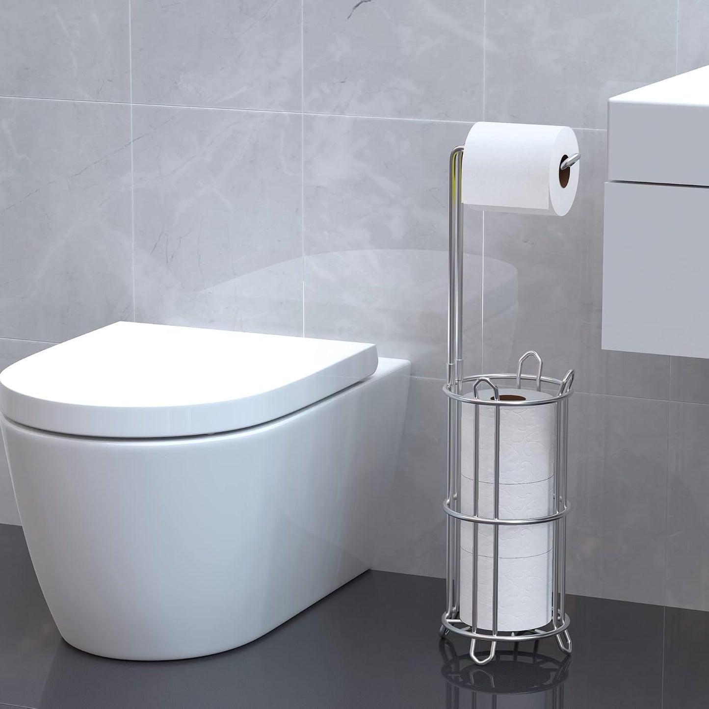 Meangood Toilet Paper Holder Stand and Tissue Paper Roll Dispenser for 4 Mega Rolls, Bathroom Free Standing Tissue Roll