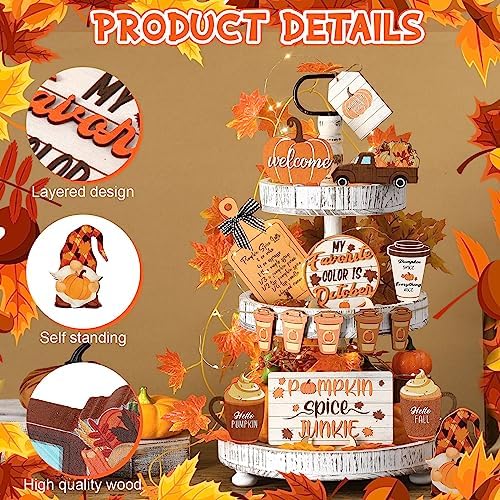 FairySandy 15 Pcs Fall Tiered Tray Decor Set, Pumpkin Table Signs