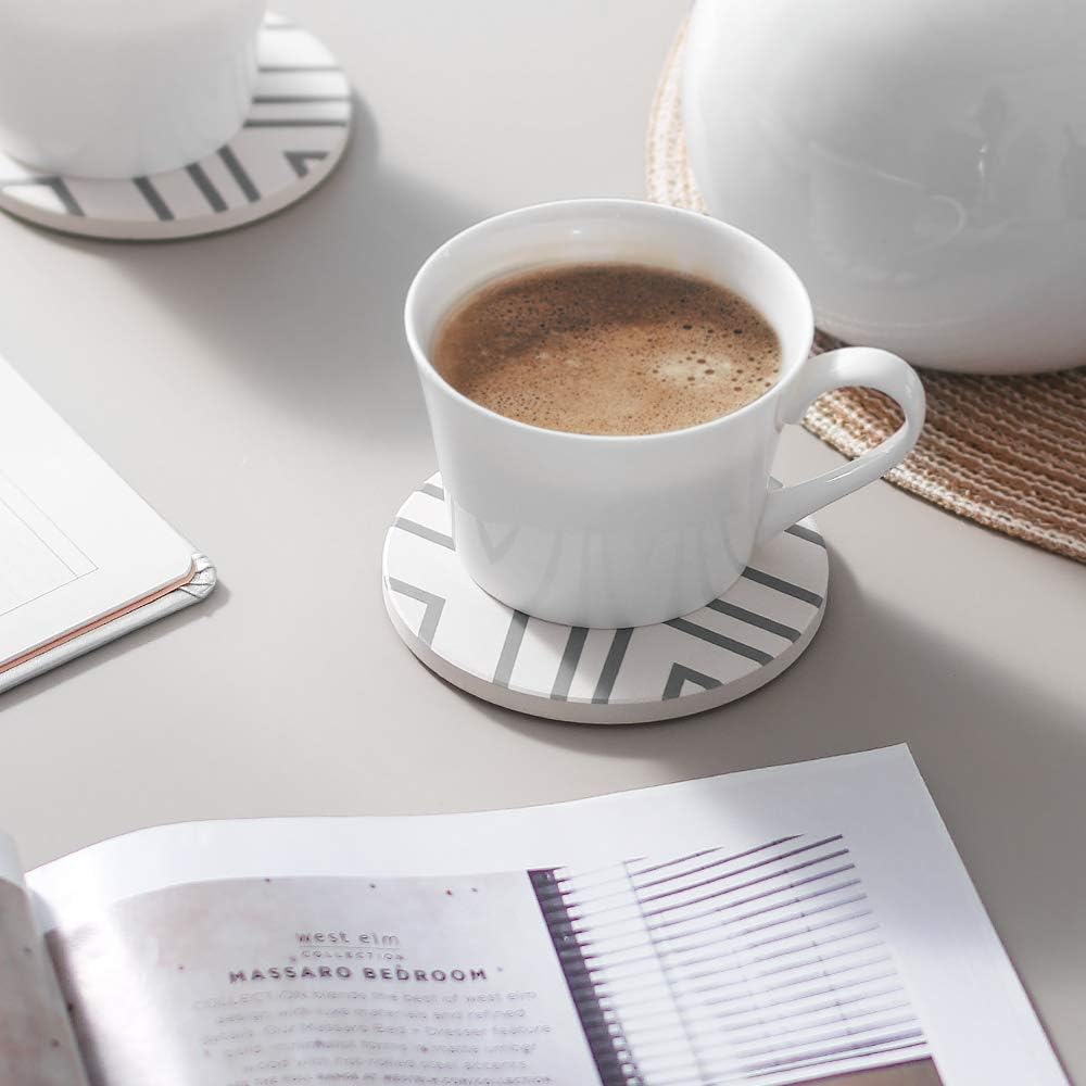 Holder / Ceramic Drink Coasters / Grey Line / 4 Inch / Set of 6