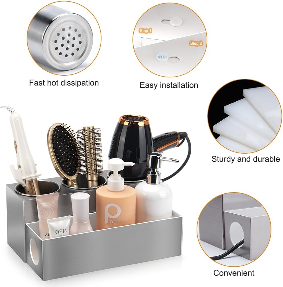 GFWARE Hot Hair Styling Tool Organizer with 3 Stainless Steel Cups, Silver | Bathroom Vanity Organizer Storage, Hair