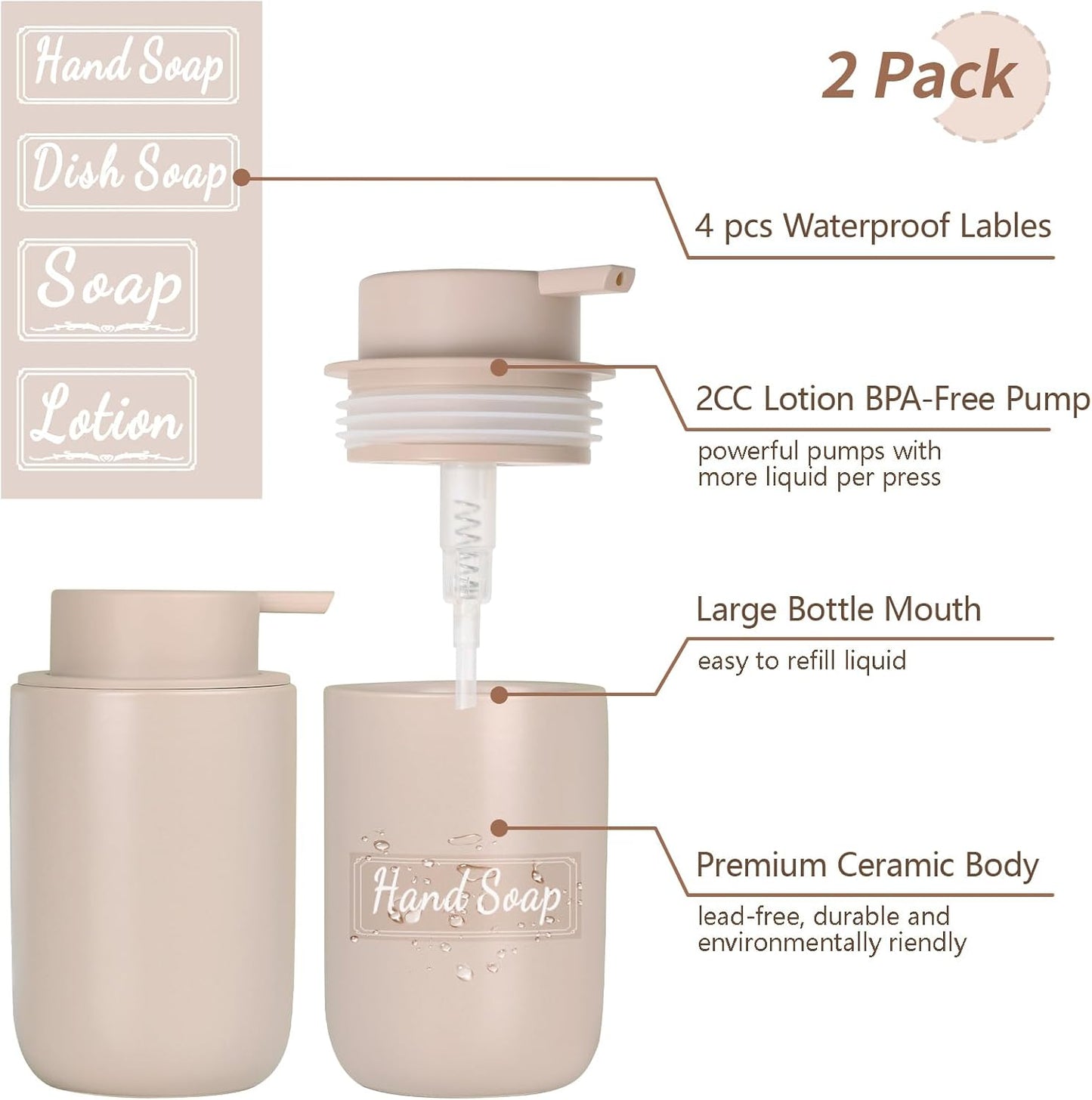 BosilunLife Khaki Soap Dispenser Set - 2 Pack 12oz Ceramic Soap Dispenser | with Rust Proof Pump for Kitchen, Hand Soap