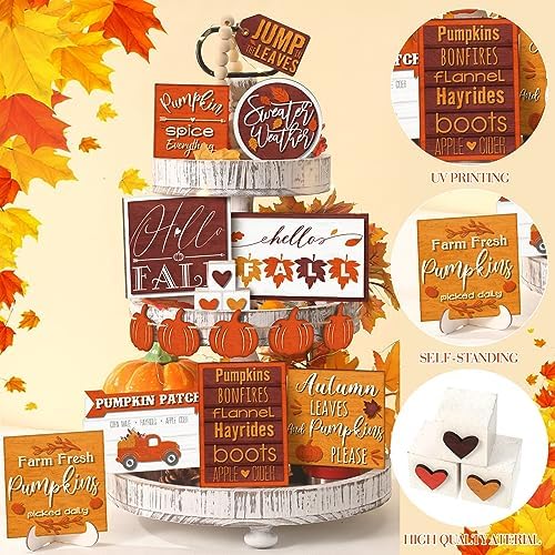 FairySandy 14 Pcs Fall Tiered Tray Decor Set Farmhouse Thanksgiving Pumpkin Hello Fall Decorations Rustic Truck Spice Blocks Autumn Wooden Sign for Home Shelf Festival Party Decor