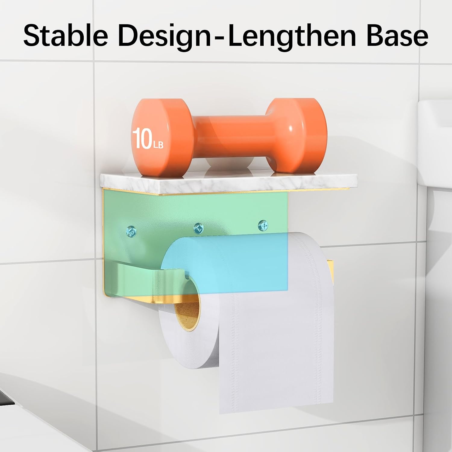 Gypie Toilet Paper Holder with Marble Shelf, Wall Mounted Gold | Toilet Roll Holder for Bathroom Washroom, Extended Base