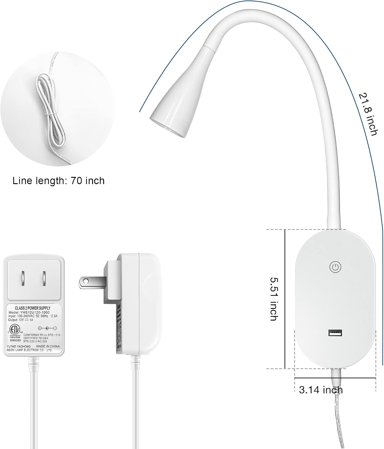 Wall Mount Reading Light, Focused Book Light for Reading in Bed, 5 Dimming, USB Output, 4 Hours Auto Off, Touch